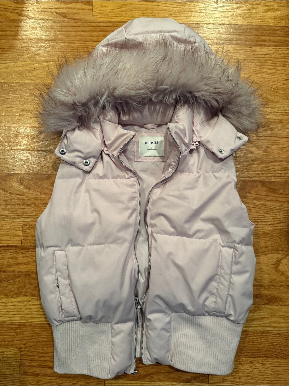 Hollister Light Pink Puffer Vest with Faux Fur Hood Trim